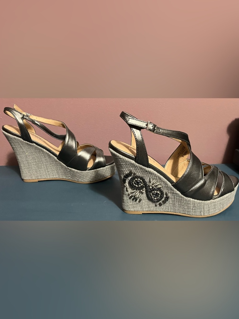 Buckle Report Yasmine Sandal Wedges | Gray Strap Wedge Heels | Silver Wedge Heel